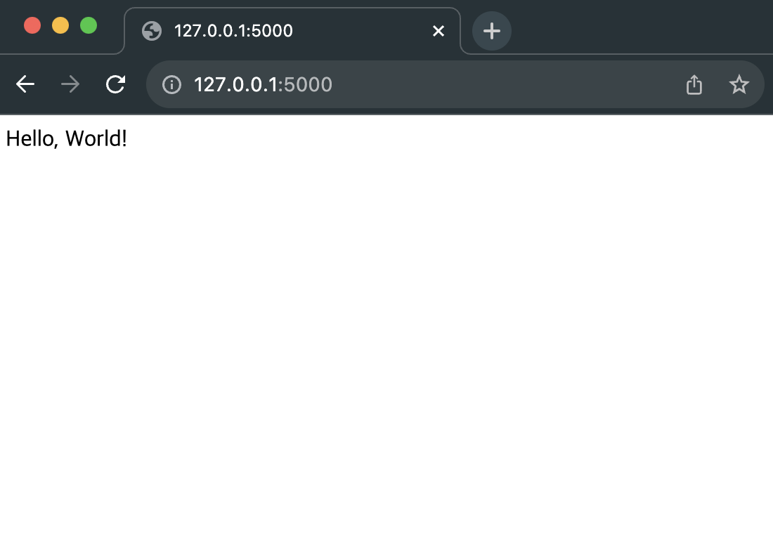 127.0.0.1:5000 접속 후 Hello, World! 출력 화면